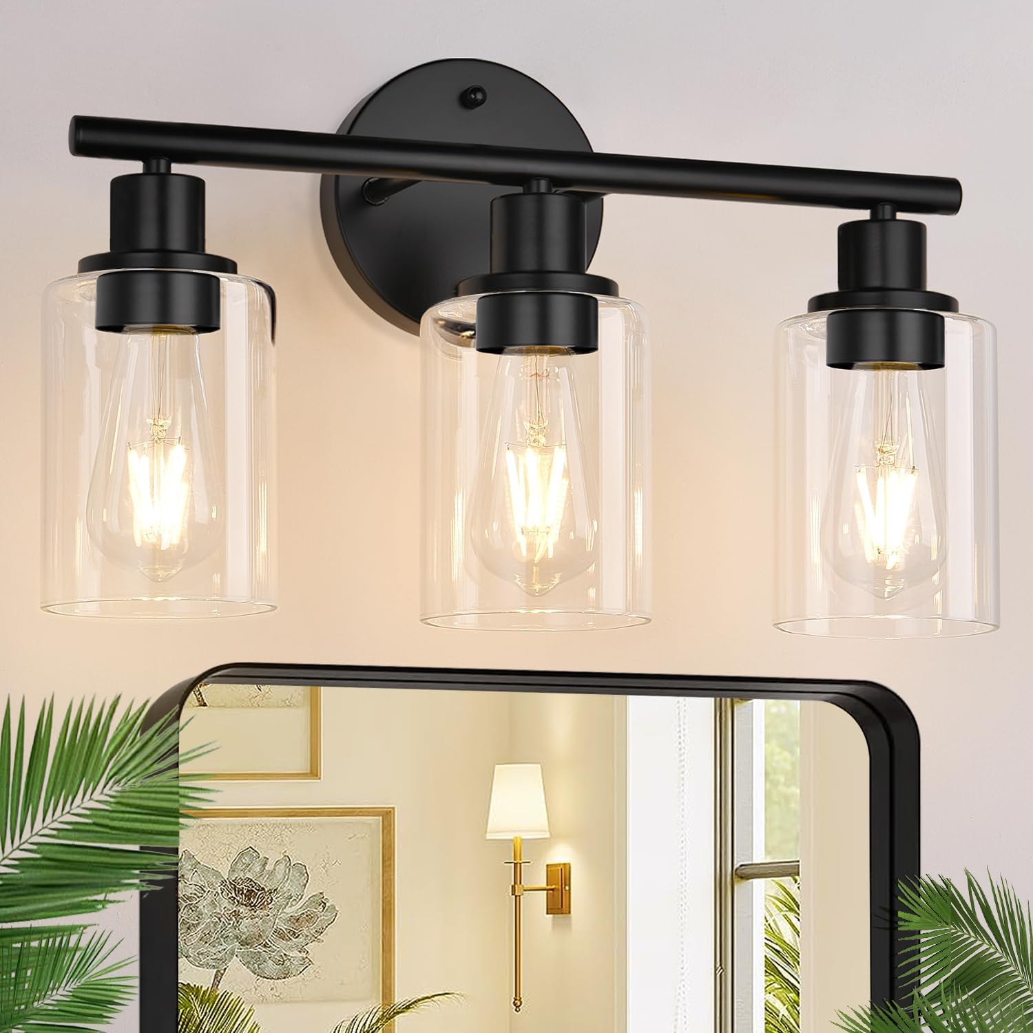 Sencico 3-Light Bathroom Light Fixtures, 17.23" Black Modern Vanity Lights with Clear Glass Shade, Bathroom Wall Lamp for Mirror Kitchen Living Room Hallway Cabinet Porch