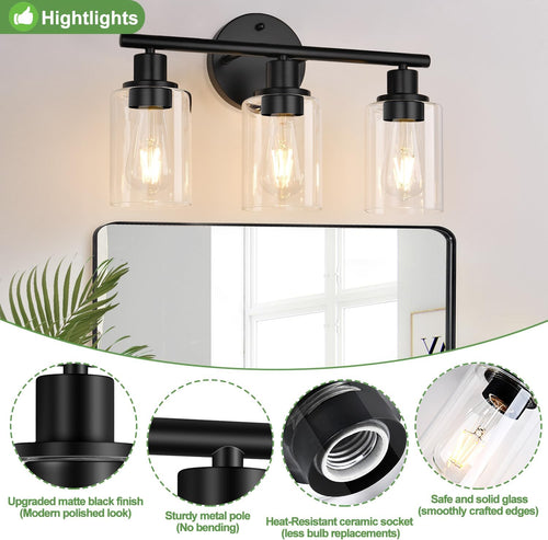 Sencico 3-Light Bathroom Light Fixtures, 17.23" Black Modern Vanity Lights with Clear Glass Shade, Bathroom Wall Lamp for Mirror Kitchen Living Room Hallway Cabinet Porch