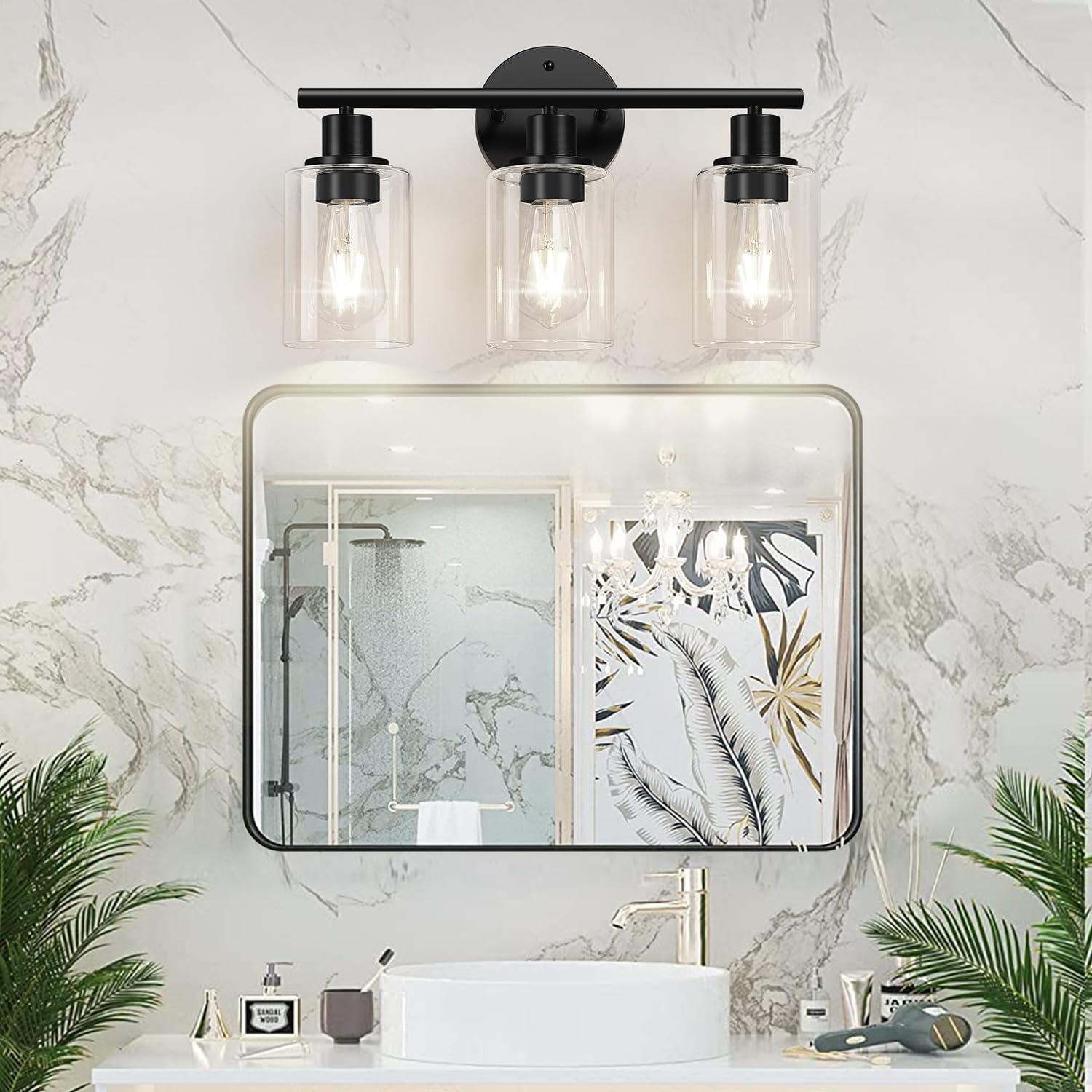 Sencico 3-Light Bathroom Light Fixtures, 17.23" Black Modern Vanity Lights with Clear Glass Shade, Bathroom Wall Lamp for Mirror Kitchen Living Room Hallway Cabinet Porch