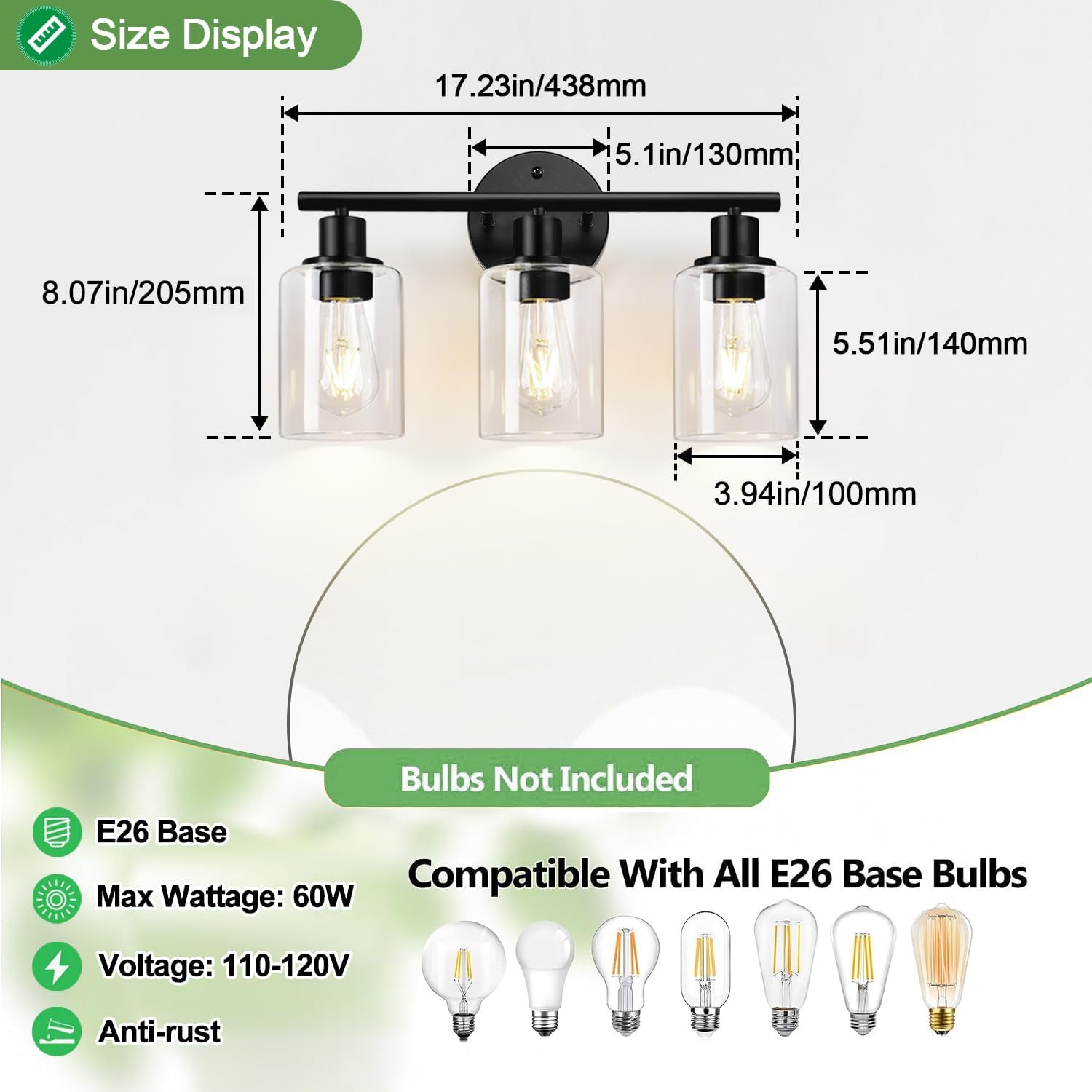 Sencico 3-Light Bathroom Light Fixtures, 17.23" Black Modern Vanity Lights with Clear Glass Shade, Bathroom Wall Lamp for Mirror Kitchen Living Room Hallway Cabinet Porch