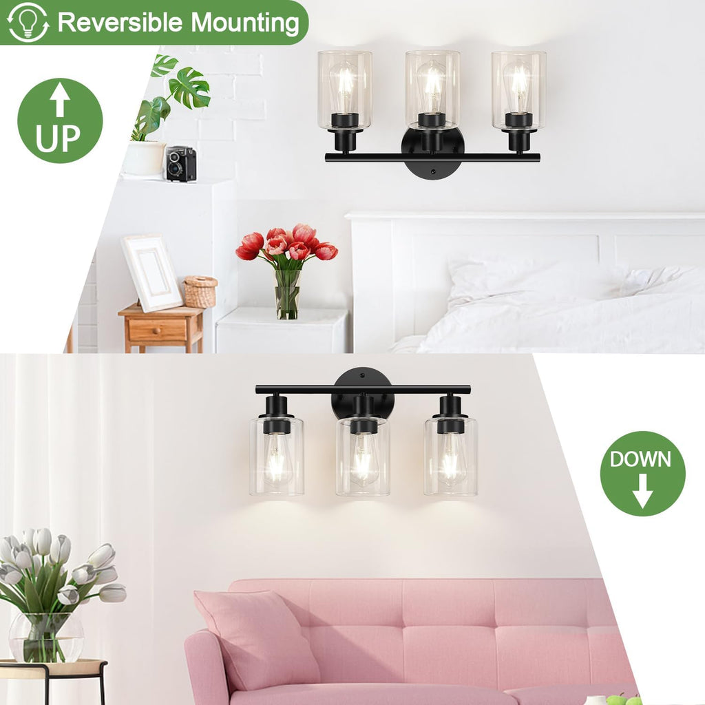 Sencico 3-Light Bathroom Light Fixtures, 17.23" Black Modern Vanity Lights with Clear Glass Shade, Bathroom Wall Lamp for Mirror Kitchen Living Room Hallway Cabinet Porch
