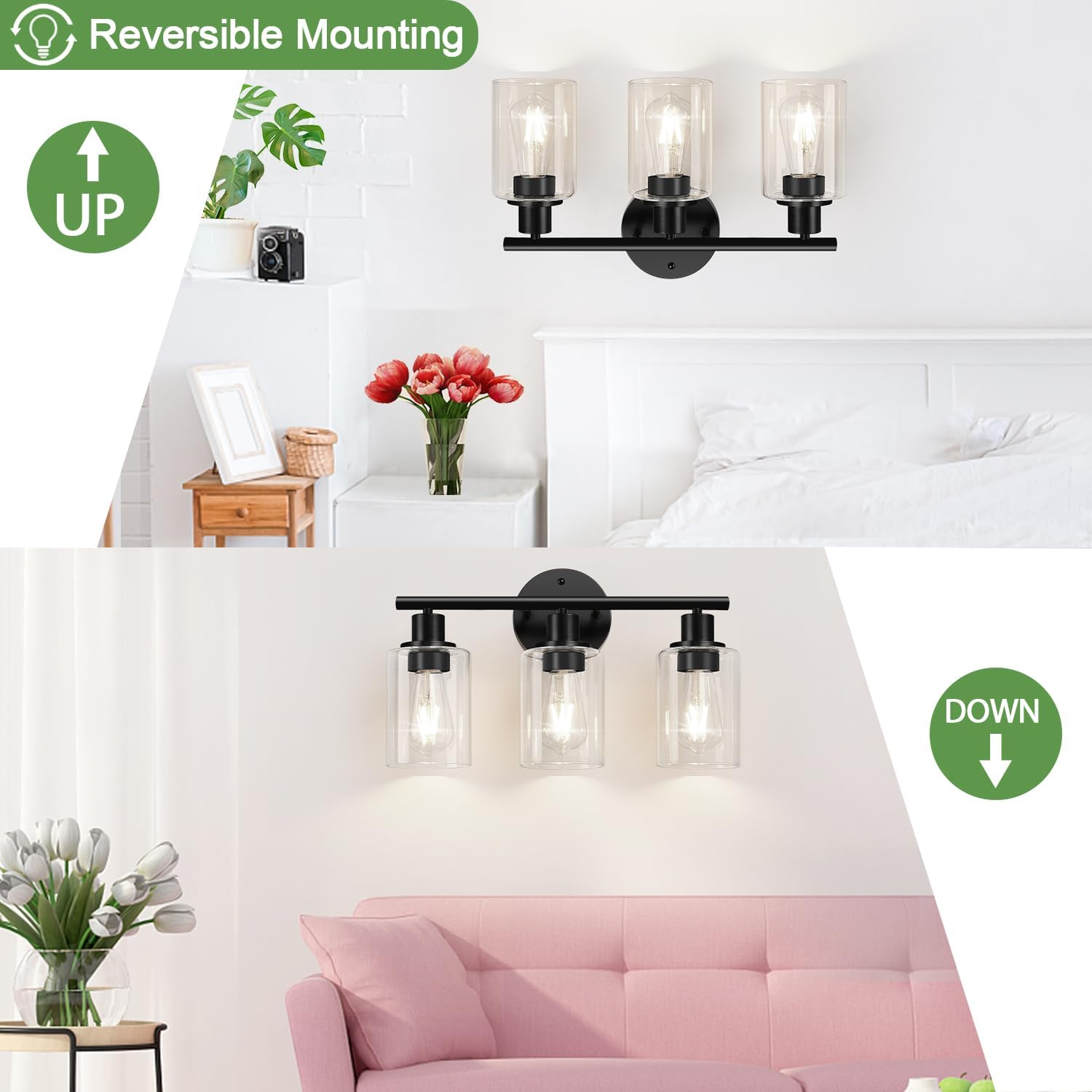 Sencico 3-Light Bathroom Light Fixtures, 17.23" Black Modern Vanity Lights with Clear Glass Shade, Bathroom Wall Lamp for Mirror Kitchen Living Room Hallway Cabinet Porch