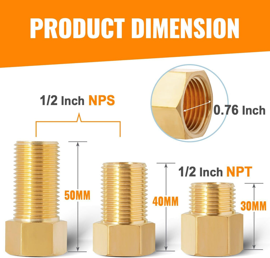 Sencico 1/2" Male × 1/2'' Female Brass Pipe Extension Adapter, 1/2 Inch Brass Nipple Pipe Extension Fittings for Tub Spout/Shower, 30MM/40MM/50MM Extension 1/2'' Pipe Fittings (3 Pack)