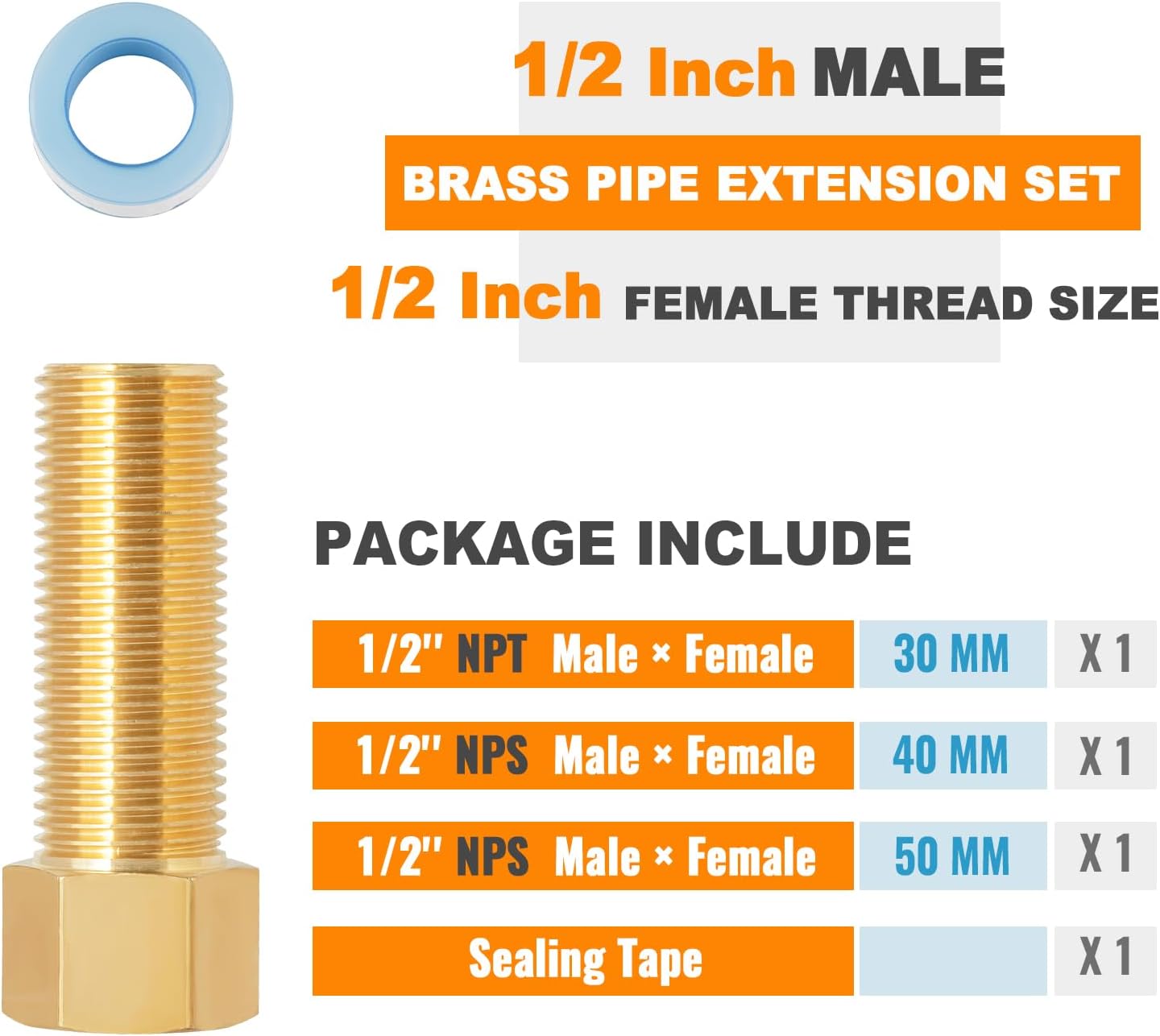 Sencico 1/2" Male × 1/2'' Female Brass Pipe Extension Adapter, 1/2 Inch Brass Nipple Pipe Extension Fittings for Tub Spout/Shower, 30MM/40MM/50MM Extension 1/2'' Pipe Fittings (3 Pack)