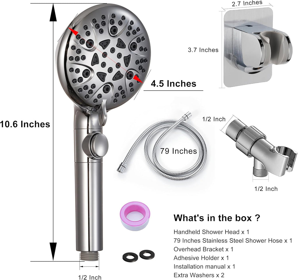 Sencico Handheld Shower Head with On Off Switch 8-Mode High Pressure Showerhead with 79 Inches Extra-long Stainless Steel Hose and Bracket PLUS Extra Low-Reach Adhesive Wall Mount