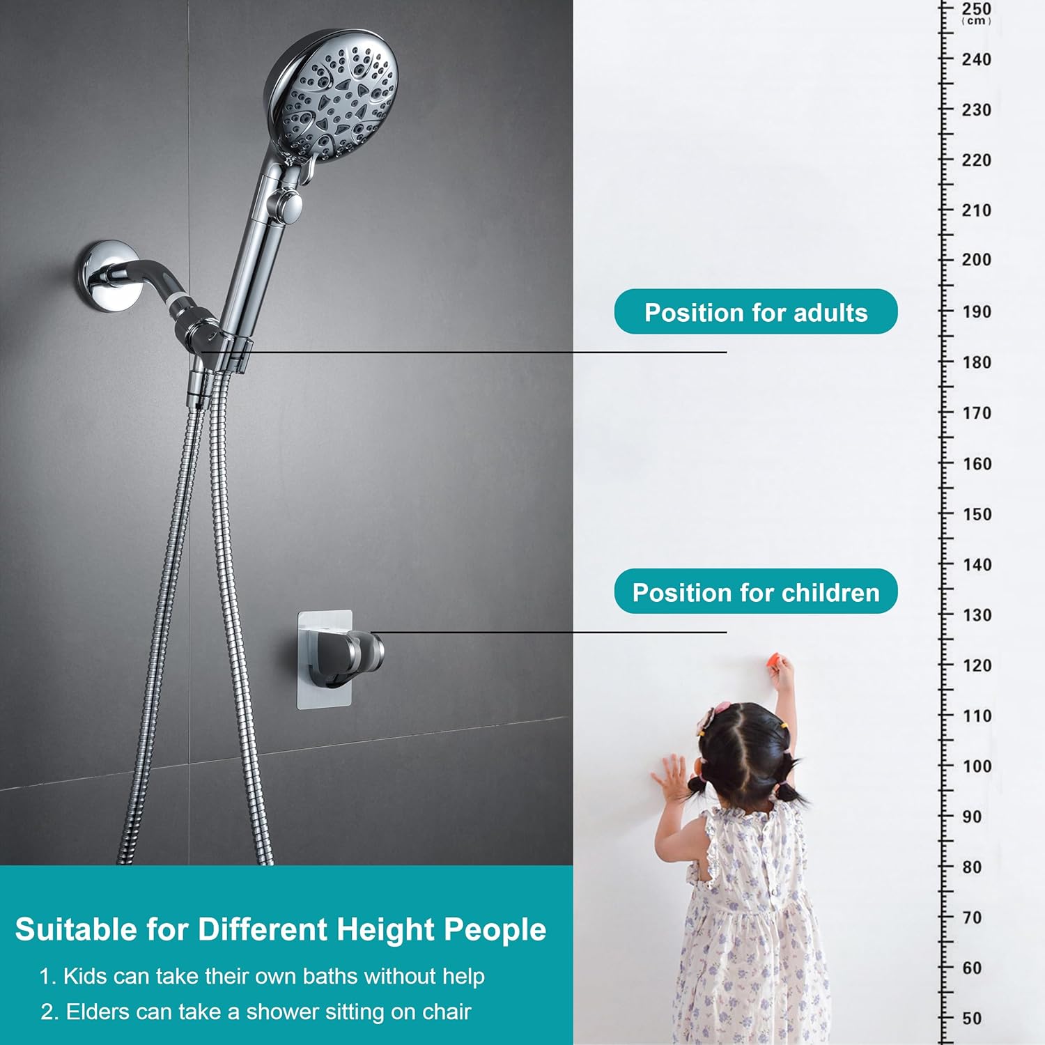 Sencico Handheld Shower Head with On Off Switch 8-Mode High Pressure Showerhead with 79 Inches Extra-long Stainless Steel Hose and Bracket PLUS Extra Low-Reach Adhesive Wall Mount