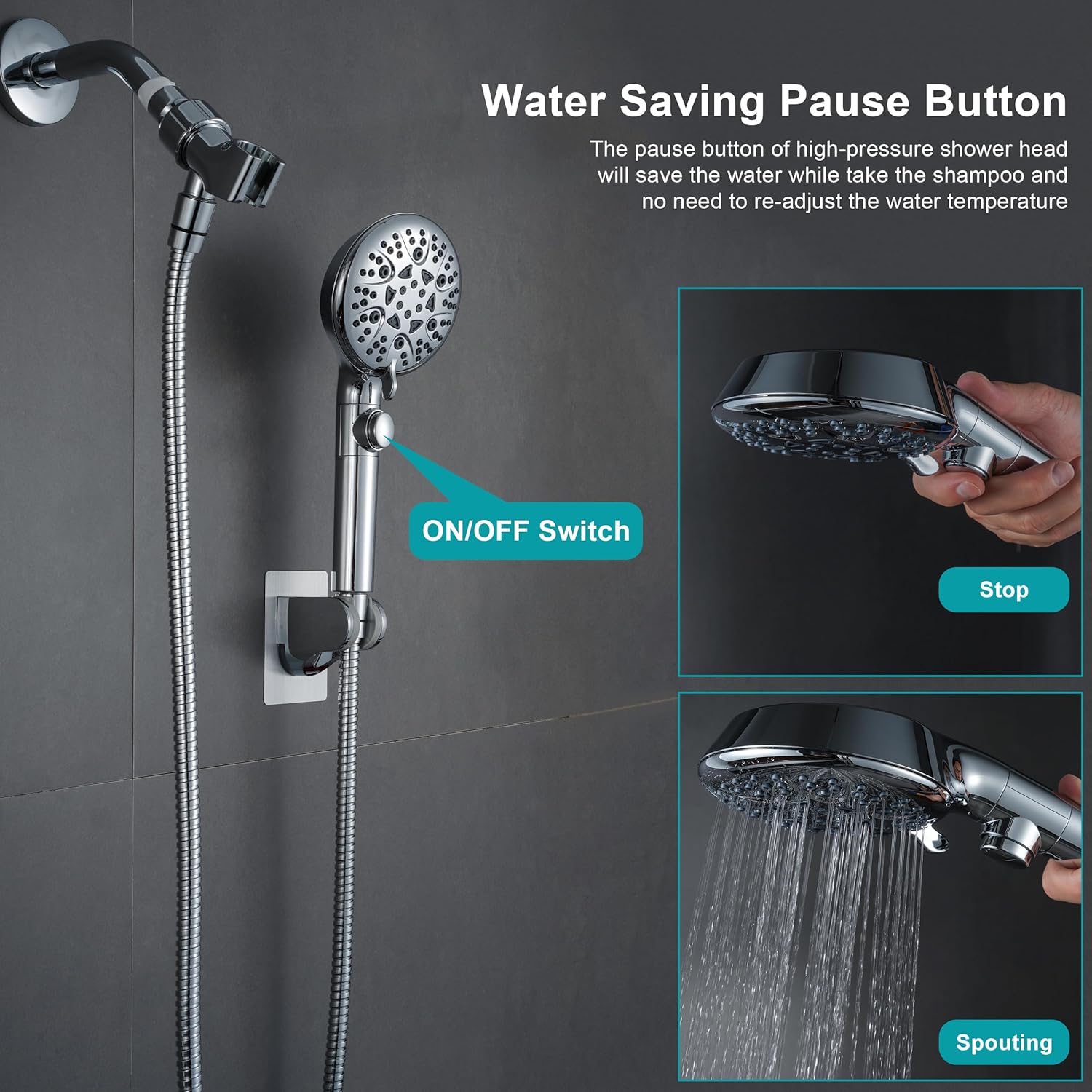 Sencico Handheld Shower Head with On Off Switch 8-Mode High Pressure Showerhead with 79 Inches Extra-long Stainless Steel Hose and Bracket PLUS Extra Low-Reach Adhesive Wall Mount