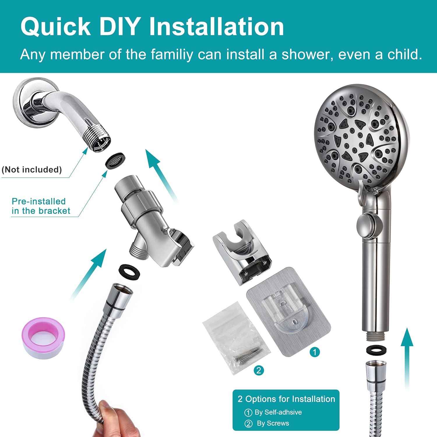 Sencico Handheld Shower Head with On Off Switch 8-Mode High Pressure Showerhead with 79 Inches Extra-long Stainless Steel Hose and Bracket PLUS Extra Low-Reach Adhesive Wall Mount