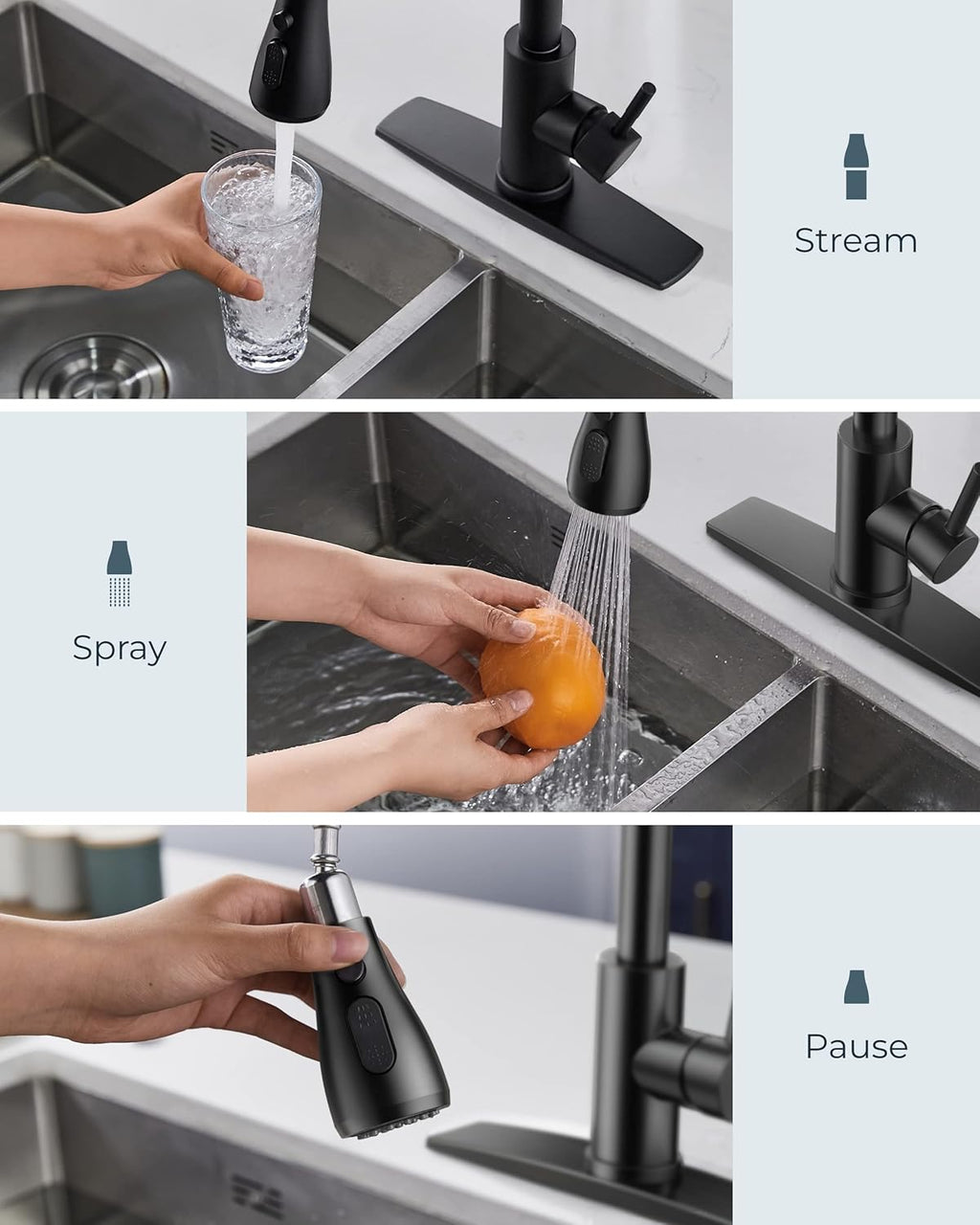 Sencico Black Kitchen Faucets with Pull Down Sprayer, High Arc Single Handle Stainless Steel Commercial Kitchen Faucet 1 or 3 Hole Sink Faucet for Farmhouse Camper Laundry Rv Bar
